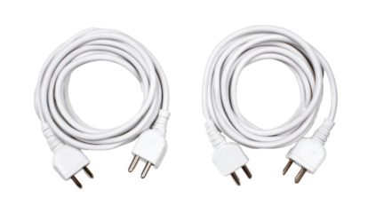 Two coiled white cables, each with three-pronged connectors at the ends
