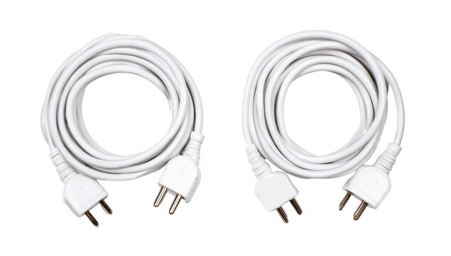 Two coiled white cables, each with three-pronged connectors at the ends