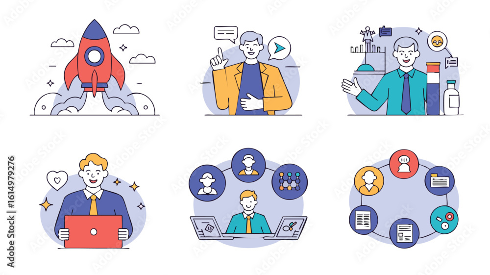 Aufkleber ai generate startup launch concept illustrations demonstrating business innovation teamwork and data