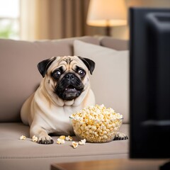 Obraz na płótnie Canvas Adorable pug dog watching TV with popcorn on the couch, a funny and relatable moment for pet lovers and entertainment brands alike