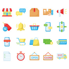 Flat E-commerce and Online Shopping Icon Set – Storefront, Chat, Discount Tag, Basket, Checkout, Delivery, Payment Method, Open Close Sign, Perfect for UI Design, App, Web, or Marketing Banner