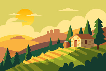 Fototapeta premium Idyllic countryside landscape with a stone house and rolling hills
