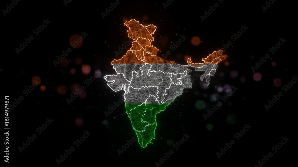 Poster digital map outlines glowing with colored sections on dark background