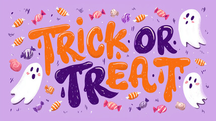 Playful hand-lettered trick or treat text with dripping letters and floating candy Generative AI