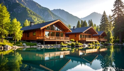 Fototapeta premium Mountain lakefront homes reflecting in calm water at sunrise