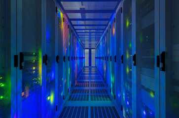Illuminated data server room at network center