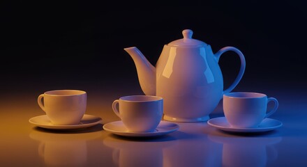 Fototapeta premium Elegant white teapot and cups on a gradient background display