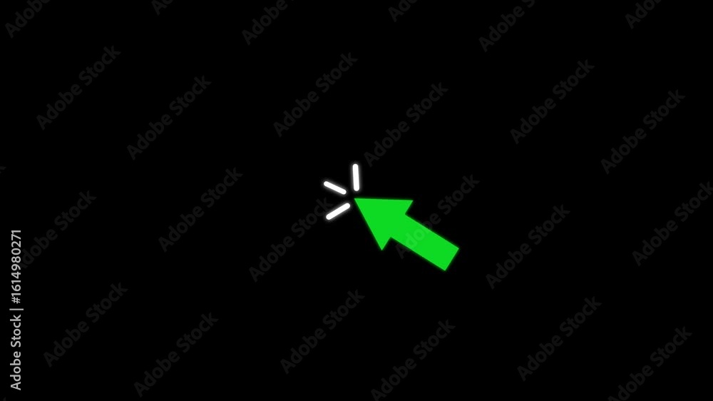 Poster glowing animated click cursor icon clicking over dark black background. click, done animation.