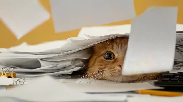 Funny scene of a ginger cat peeking from underneath a stack of paperwork on a cluttered desk. Work overload, office stress, deadlines or unexpected interruptions