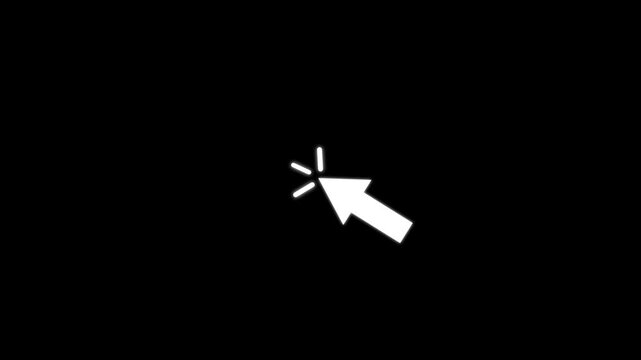 Cursor arrow clicking pause button motion graphic with alpha channel. Mouse pointer click icon animated on black background.