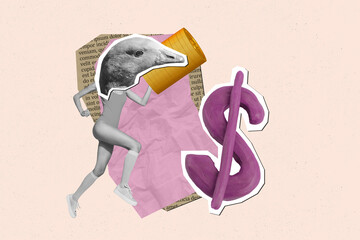 Surreal pop collage of person run having bird face with coin stock dollars symbol on pink background