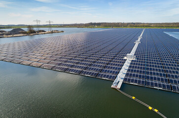 Drone view of floating solar farm in Netherlands