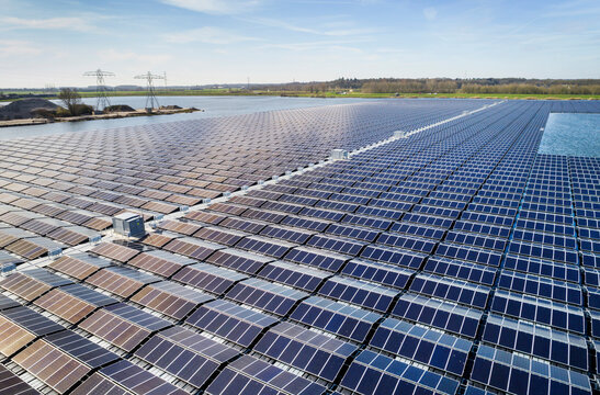 Floating solar farm under blue sky in Netherlands