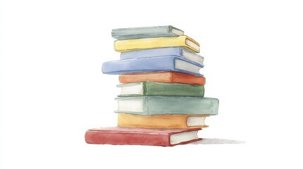 A stack of colorful books in a watercolor style.