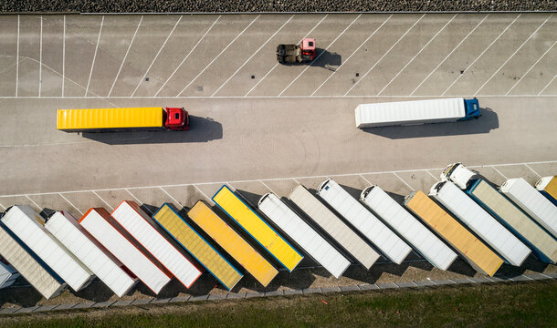 Trucks parked at truck stop in Rotterdam, Netherlands