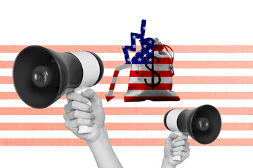 3D photo collage trend sketch template artwork of hand hold loudspeaker arrow down crisis loss...