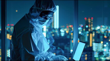 Secure health data processing by researcher in protective clothing at urban facility during night - Powered by Adobe