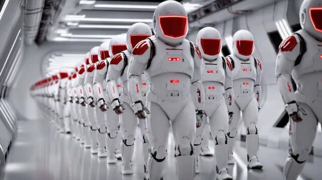 Futuristic March: A regiment of futuristic astronaut figures, clad in pristine white suits and vivid red visors, stride confidently through a sleek, modern corridor.