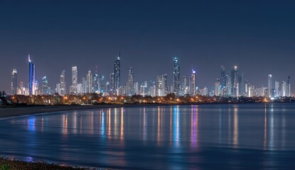 Night cityscape reflected on water