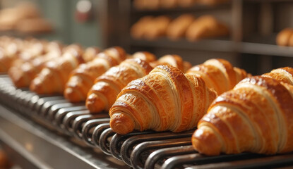 Freshly baked croissants cooling on a rack. Golden crust, flaky texture, and even spacing highlight quality baking in a professional kitchen or bakery setting