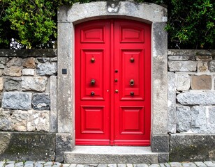 Red door framed by stone wall