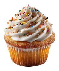 Delicious vanilla cupcake with swirled frosting and sprinkles isolated on transparent background