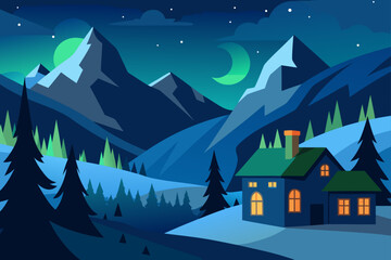 Fototapeta premium Cozy cabin under a crescent moon in a snowy mountain landscape
