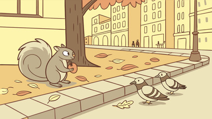 Cartoon squirrel with nut in city park with pigeons and autumn leaves vector illustration art