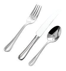 Polished silverware set.  A fork, knife, and spoon in a classic design