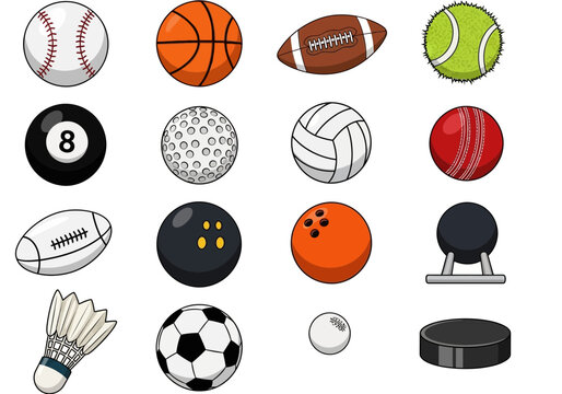 A collection of various cartoon sports balls including baseball, basketball, football, tennis ball, billiard ball, golf ball, volleyball, cricket ball, bowli...