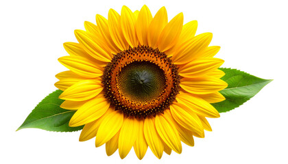 Fototapeta premium Bright and cheerful sunflower clipart with vibrant yellow petals, detailed centers, and green leaves, artistically styled and fully isolated on a transparent PNG background 