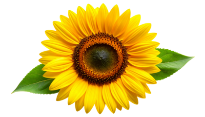Bright and cheerful sunflower clipart with vibrant yellow petals, detailed centers, and green leaves, artistically styled and fully isolated on a transparent PNG background