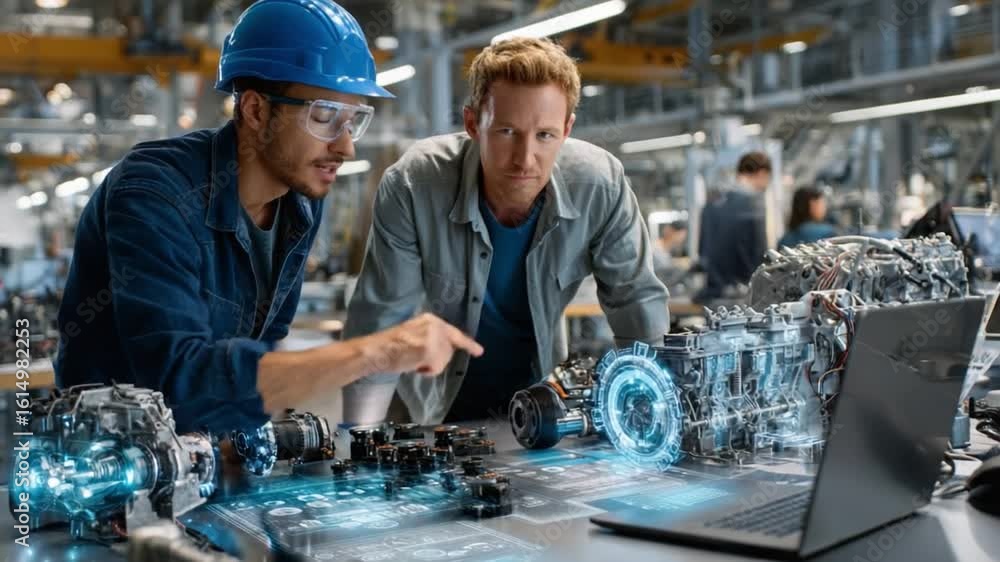 Aufkleber engineers discussing machine: two skilled engineers intently discuss technical schematics displayed 