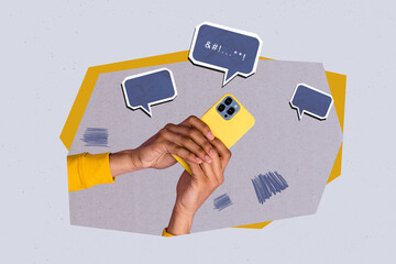 Trend collage of person hold hand gadget having speech bubble on blue background