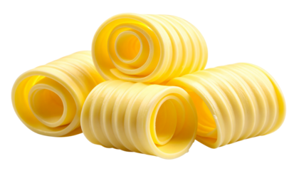Realistic butter curls rolled into elegant single servings with smooth texture and creamy yellow color,  isolated on a transparent PNG background 