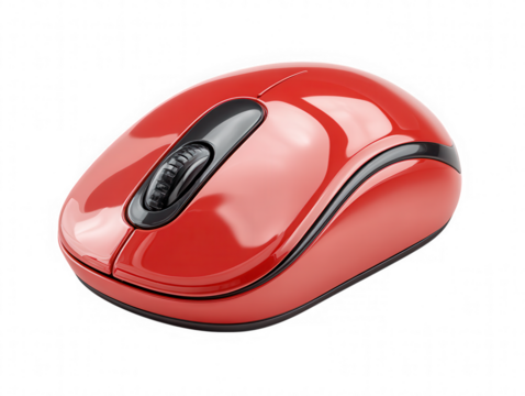 Shiny red computer mouse with scroll wheel isolated on transparent background - Powered by Adobe
