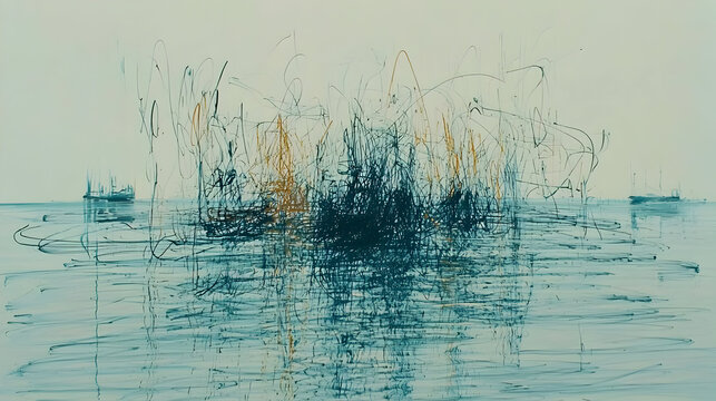 Abstract maritime scene, a dynamic display of water and implied structures, in muted tones.  A complex interplay of lines and color, suggesting movement and depth