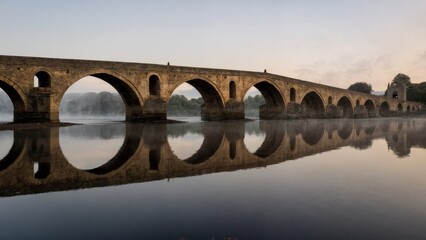 Obraz premium Ancient Bridge Over Misty River, Mystical Journey, Historic Crossroads, Timeless Passage. Perfect for historical travel, fantasy themes, philosophical concepts