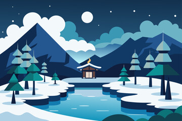 Serene winter night landscape with a cozy cabin by the water