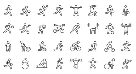 Fitness Icons Show Active Lifestyle. Exercise symbols for marketing, editorial, and web design emphasize wellness, sports, and health.