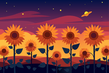 Surreal sunset with sunflowers and a ufo