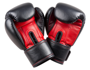 Pair of realistic boxing gloves with padded texture and bold stitching, typically in red or black, fully isolated on a transparent PNG background
