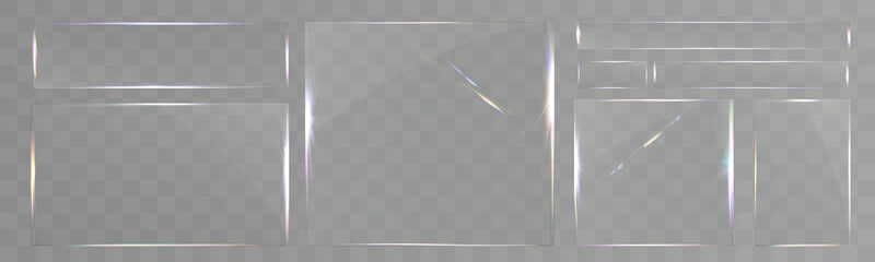 Transparent glass set with smooth edges, reflections, glare, and prismatic light effects. Various geometric shapes for UI, web, and graphic design.