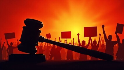 silhouette of a judge hammer with crowd, Political Protest and Legal Symbolism at Golden Hour, Protests holding signs with a gavel