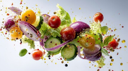 Colorful fresh vegetable explosion with tomatoes, lettuce, cucumbers, and red onions