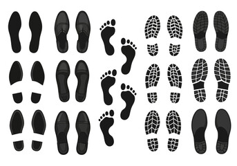 An array of black footprints and shoe sole prints in various styles, including bare feet, dress shoes, and sneakers, displayed against a white background.