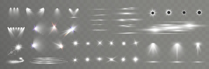 Set of light spotlight effects.Lens flare, explosion,sparkle, dust,line,solar flare, spark and stars.