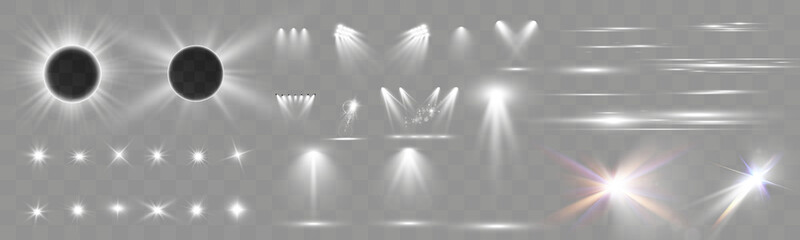 Set of light spotlight effects.Lens flare, explosion,sparkle, dust,line,solar flare, spark and stars.