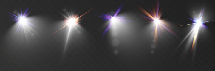 Glowing light effects with transparency, lens flare, radiant beams, starbursts, and luminous sparkles for overlays and design.