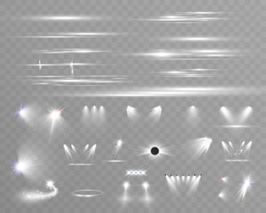 Set of light spotlight effects.Lens flare, explosion,sparkle, dust,line,solar flare, spark and stars.